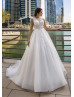 Scalloped V Neck Beaded White Lace Tulle Wedding Dress